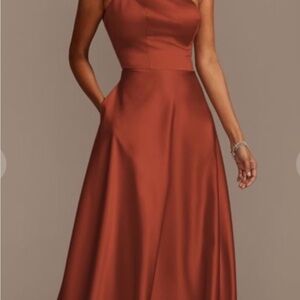 David's Bridal One-Shoulder Cinnamon Dress satin A line size 2
